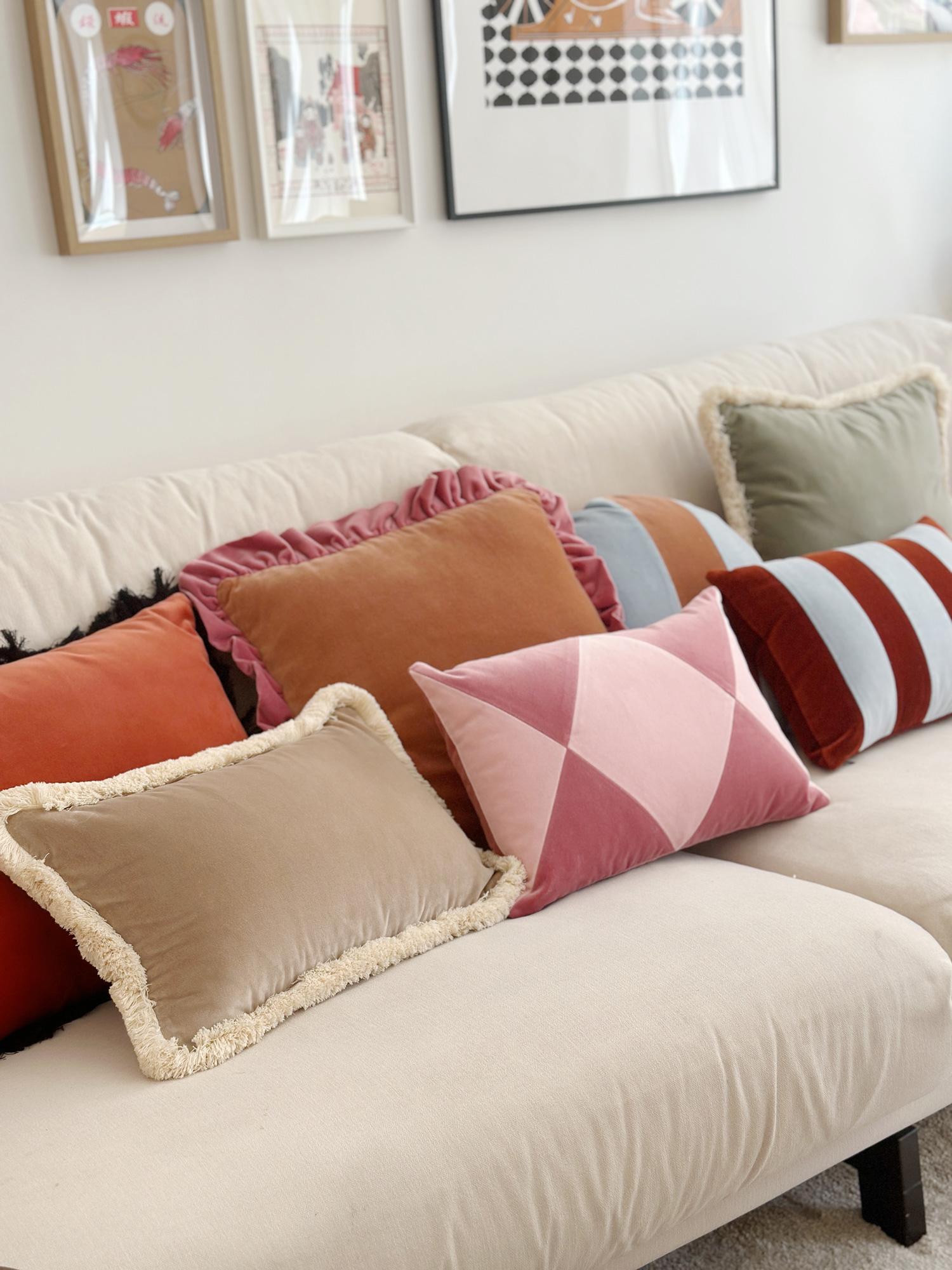 Patchwork CORNALINA Curry Yellow Fringed Velvet Deluxe Handmade Decorative Pillow For Sale