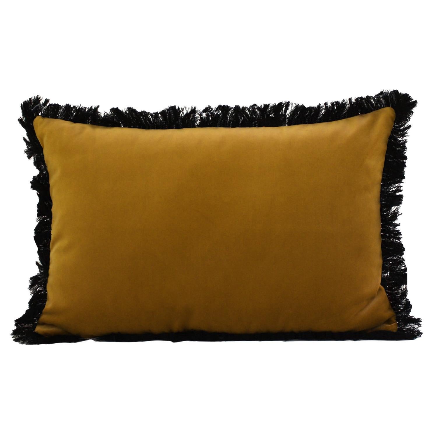 CORNALINA Curry Yellow Fringed Velvet Deluxe Handmade Decorative Pillow For Sale
