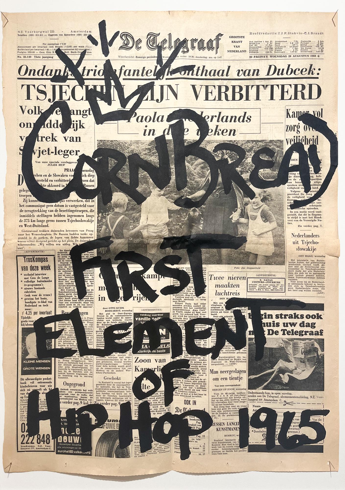 This artwork titled "Cornbread Tags De Telegraaf: First Element of Hip Hop 1965" is an original artwork by Cornbread made of acrylic paint on newspaper. The piece measures 58cm x 41cm / 22.75in x 16in approx. unframed. 

Darryl McCray, known by his