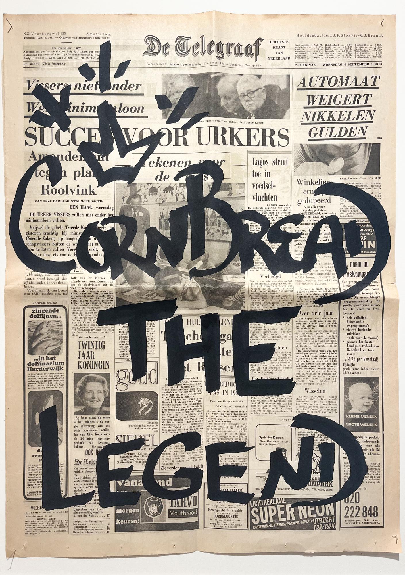 This artwork titled "Cornbread Tags De Telegraaf: King of Graffiti" is an original artwork by Cornbread made of acrylic paint on newspaper. The piece measures 58cm x 41cm / 22.75in x 16in approx. unframed. 

Darryl McCray, known by his tagging name,