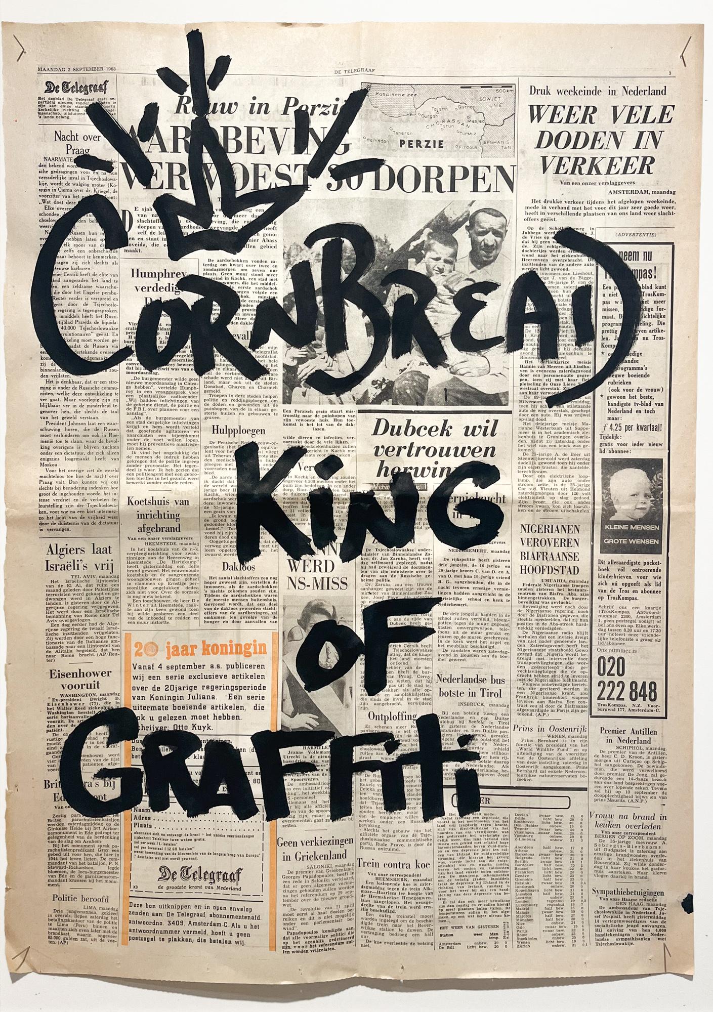 This artwork titled "Cornbread Tags De Telegraaf: The King Of Graffiti #2" is an original artwork by Cornbread made of acrylic paint on newspaper. The piece measures 58cm x 41cm / 22.75in x 16in approx. unframed. 

Darryl McCray, known by his