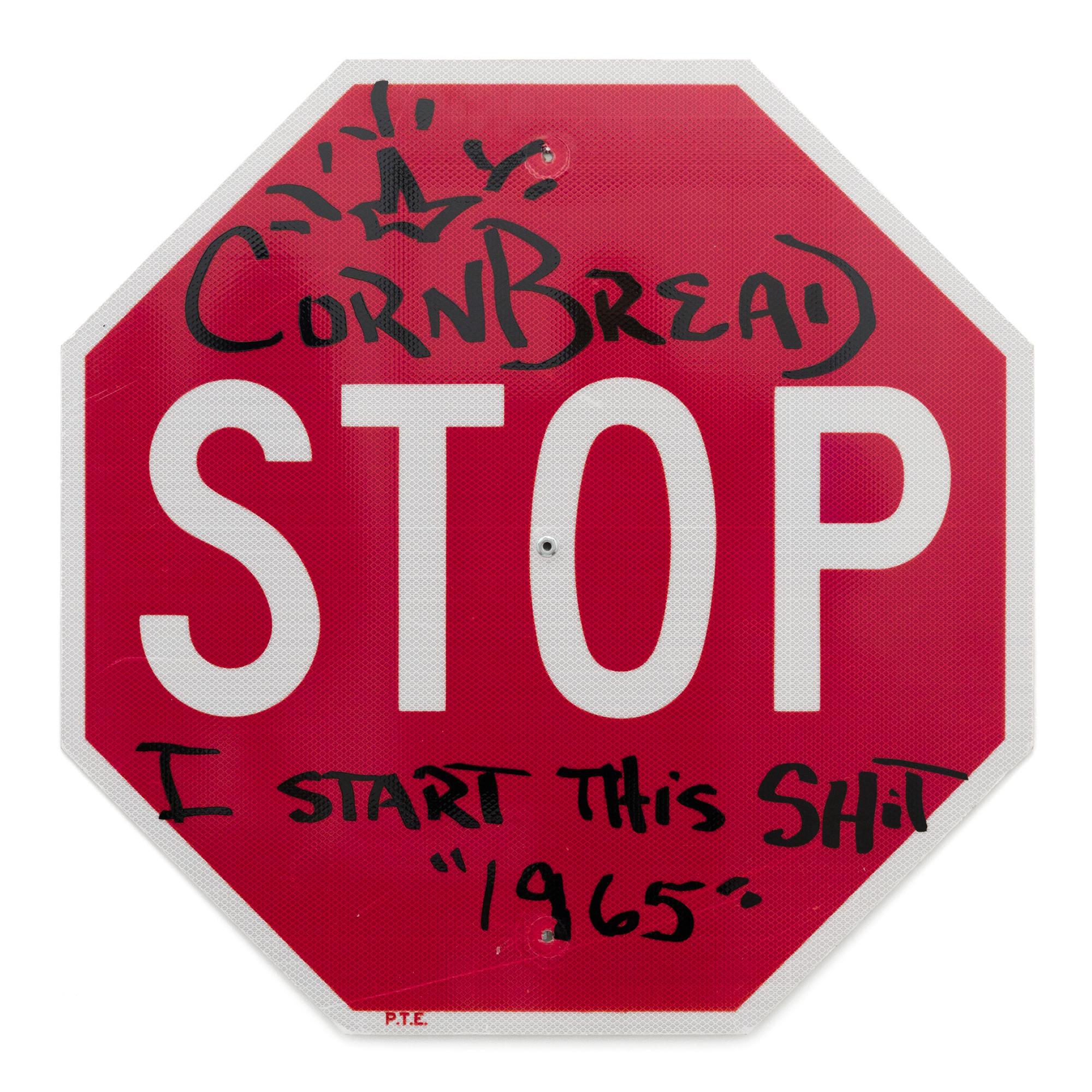This artwork titled "Cornbread I Start This Shit 1965 Stop Sign" is an original artwork by Cornbread made of acrylic paint on a retired street sign. The piece measures 30"h x 30"w and ships with a Gallery-Issued Certificate of Authenticity.

Darryl