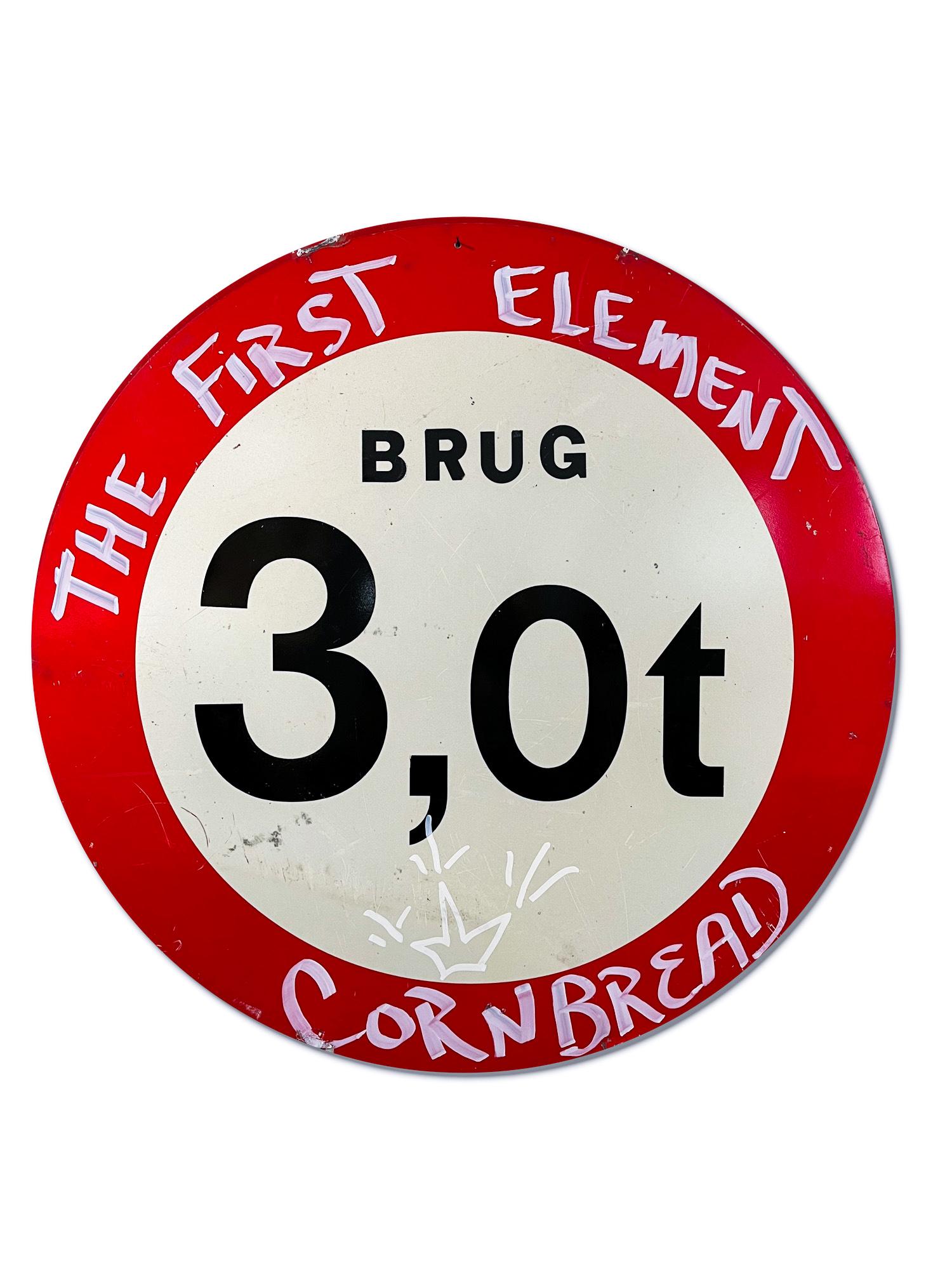 This artwork titled "Cornbread The First Element Shield (Brug)" is an original artwork by Cornbread made of acrylic paint on a retired Amsterdam street sign. The piece measures 80cm / 31.5in diameter.

Darryl McCray, known by his tagging name,