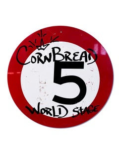 "Cornbread World Stage Shield", Acrylic on Used Street Sign, Graffiti