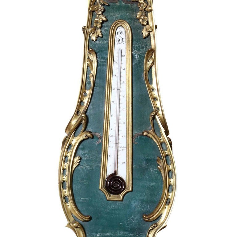 A rare companion pair of banjo Barometer and clock with green backed horn veneer 'Corne Verte' and gilt ormolu mounts, the barometer's white enamel face signed F Lesage, Paris. Both with their original red alcohol thermometers. With detailed and
