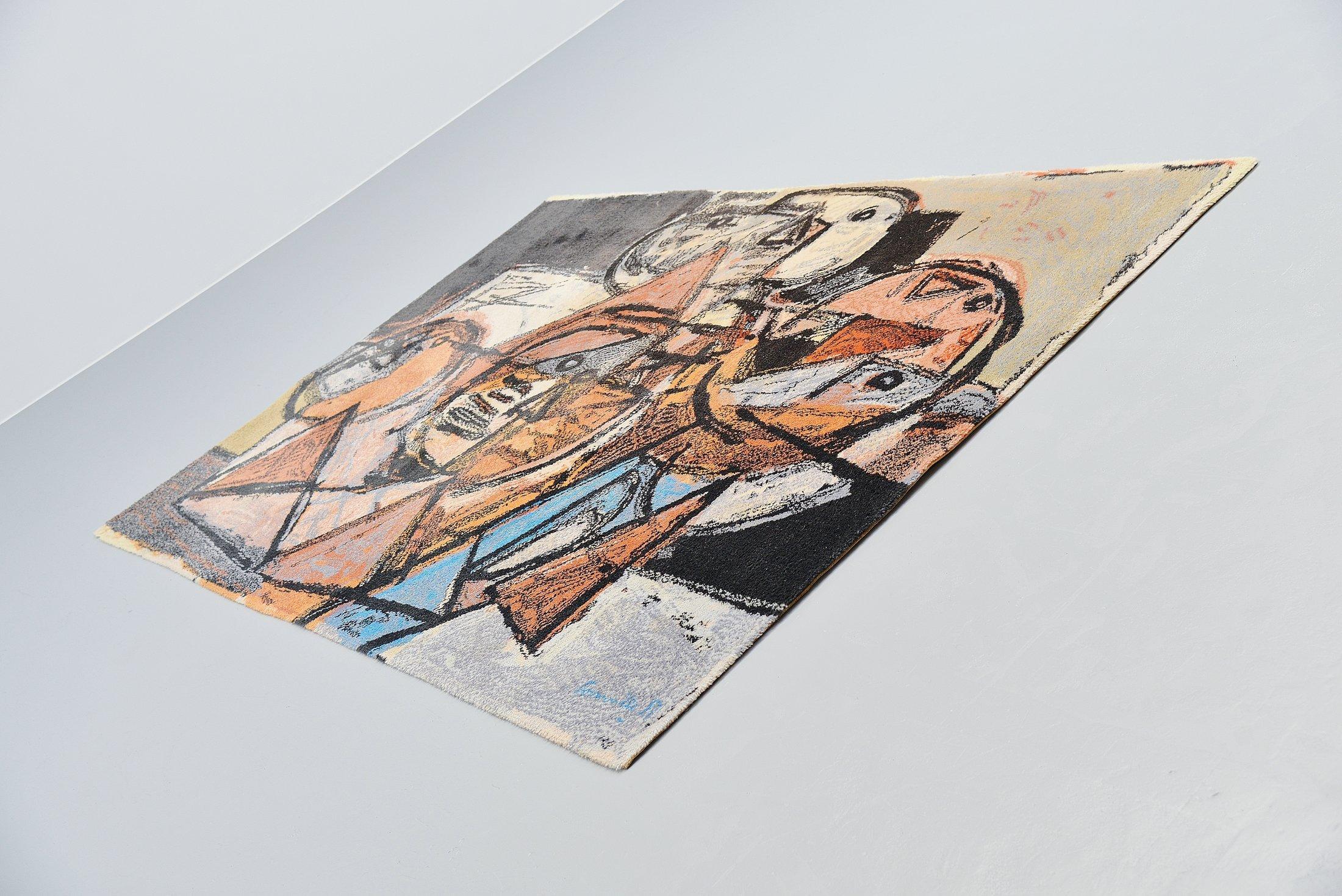 Very nice and decorative rug after an artwork by Corneille, Denmark, 1980s. This decorative rug was produced by a Danish company in the 1980s. Signed Corneille on the right corner, there is also a sticker at the back but this is not readable anymore