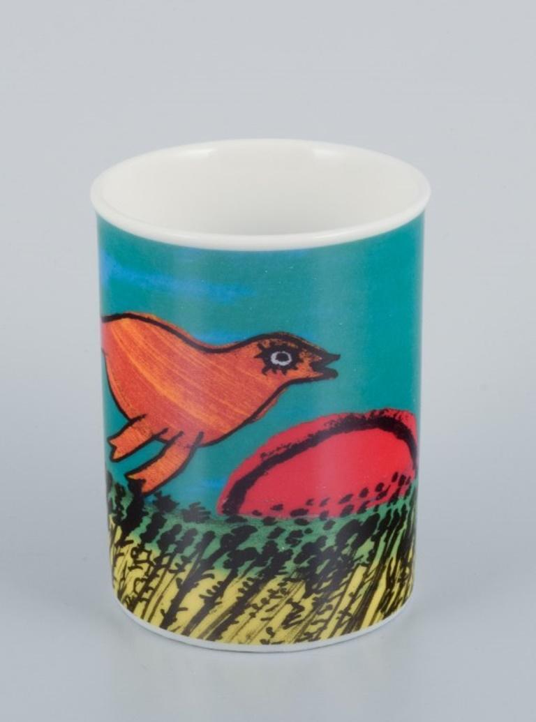 Modern Corneille. Coffee cup, plate and egg cup in porcelain decorated with birds. For Sale
