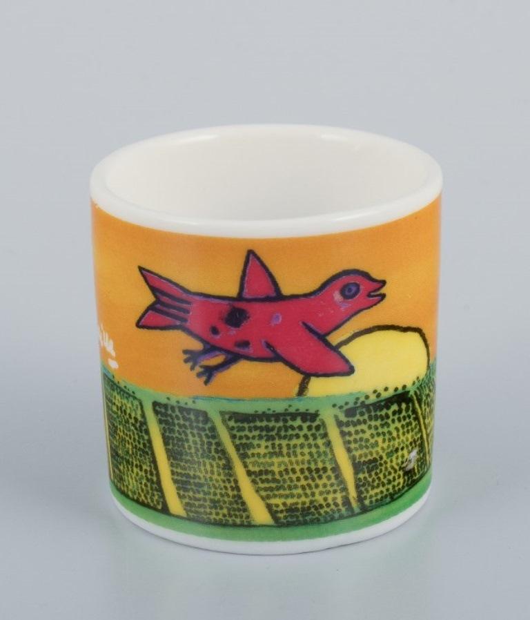 Modern Corneille, Coffee cup, plate, and egg cup in porcelain decorated with birds. For Sale