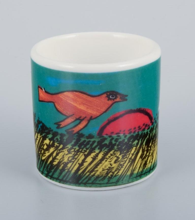 Late 20th Century Corneille, Dutch CoBrA artist. Coffee cup, plate and egg cup in porcelain. For Sale