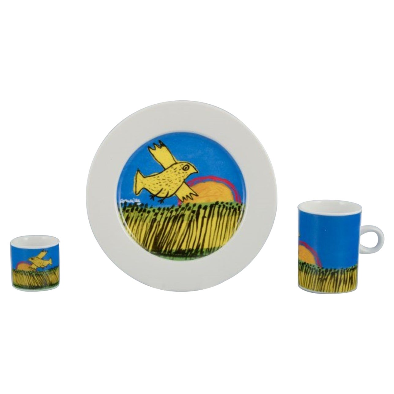 Corneille, artiste néerlandaise du CoBrA Tasse à café, assiette et tasse à œuf en porcelaine