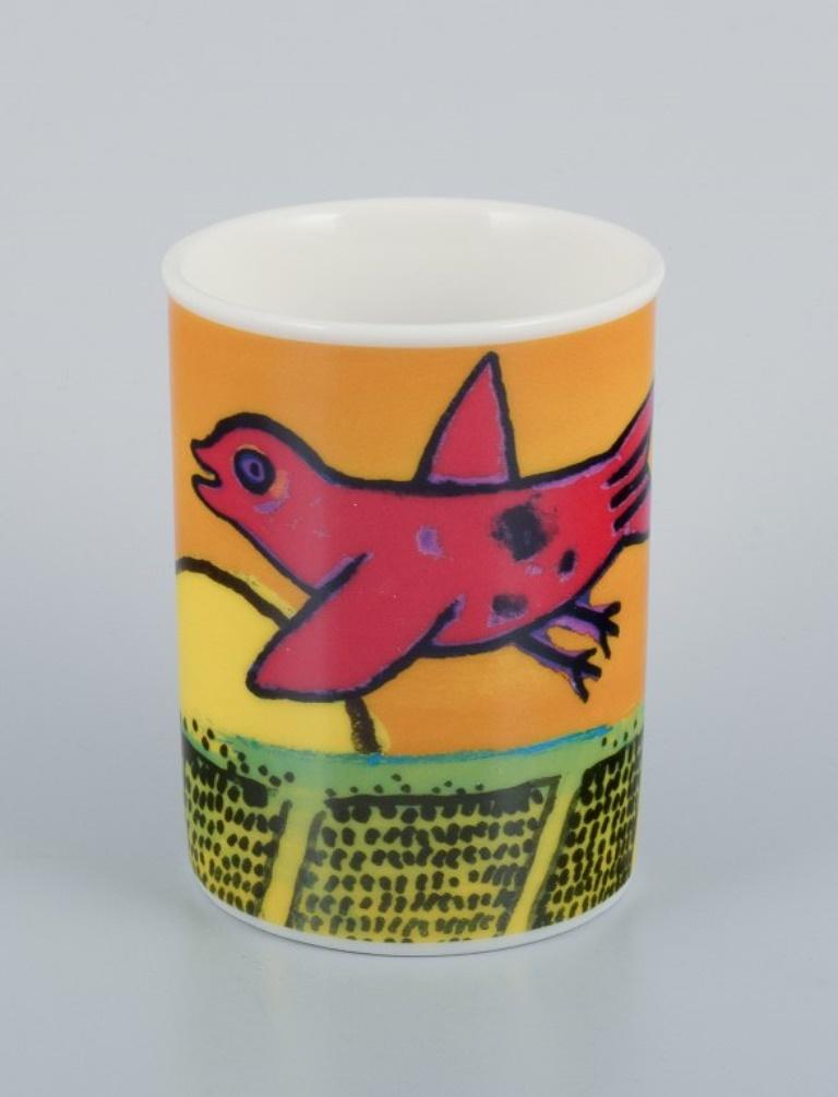 Expressionist Corneille, Dutch CoBrA artist. Coffee cup, plate and egg cup with birds 1980/90s For Sale