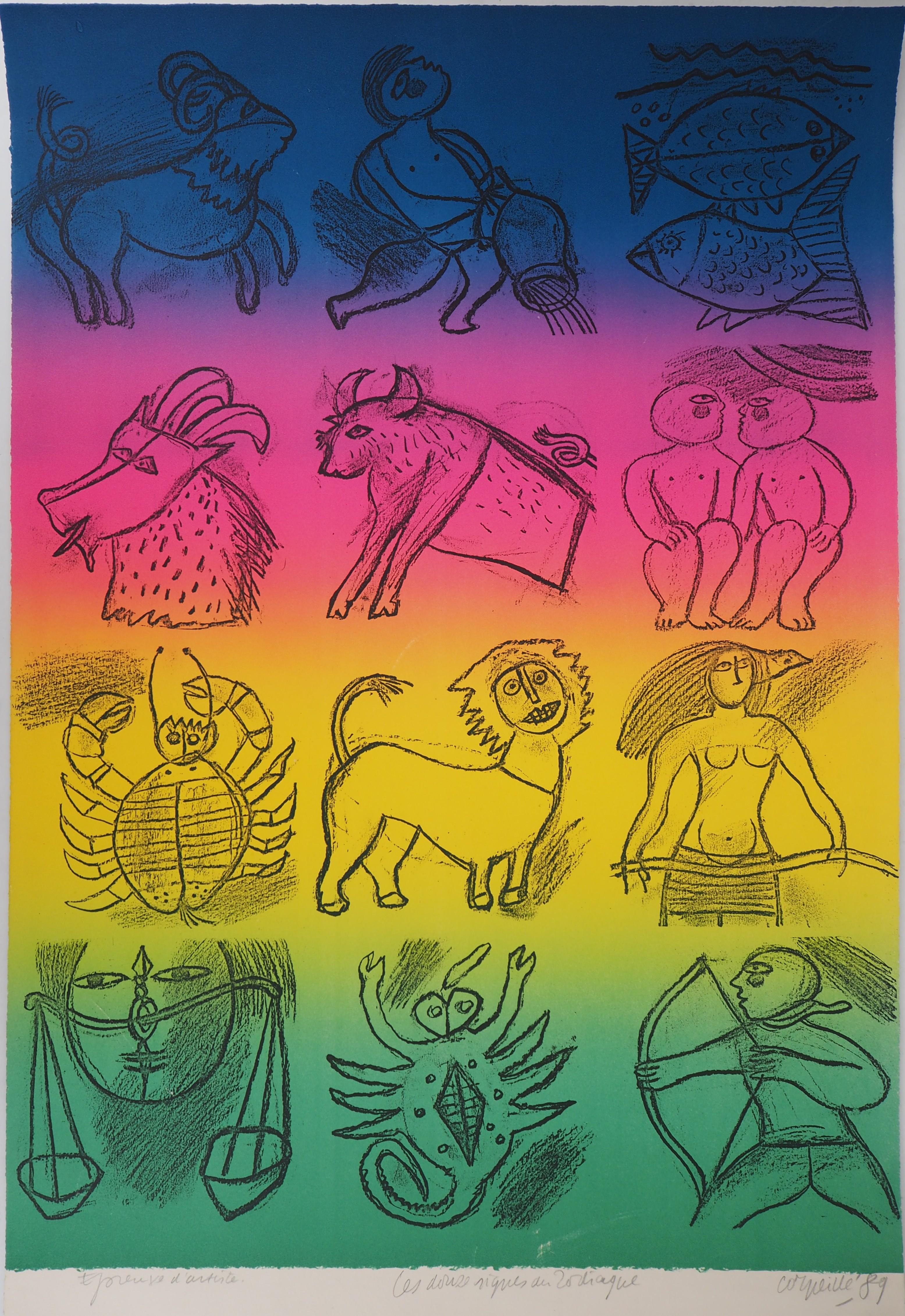 Astrology: The Twelve Signs of the Zodiac - Original Handsigned Lithograph - Print by Corneille