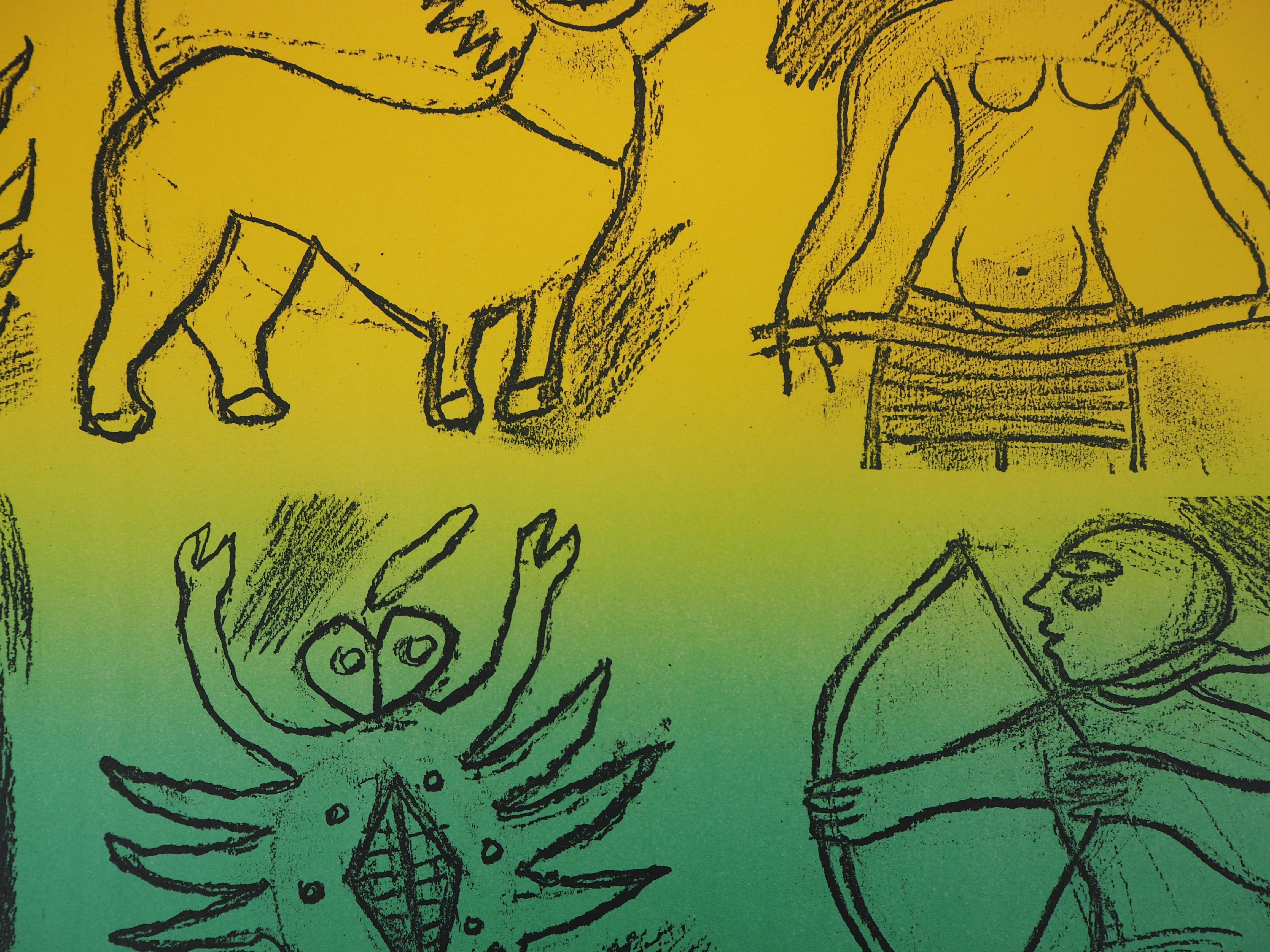Astrology: The Twelve Signs of the Zodiac - Original Handsigned Lithograph - Brown Figurative Print by Corneille