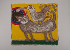 Cat and Bird at the Sunset - Original Handsigned Lithograph