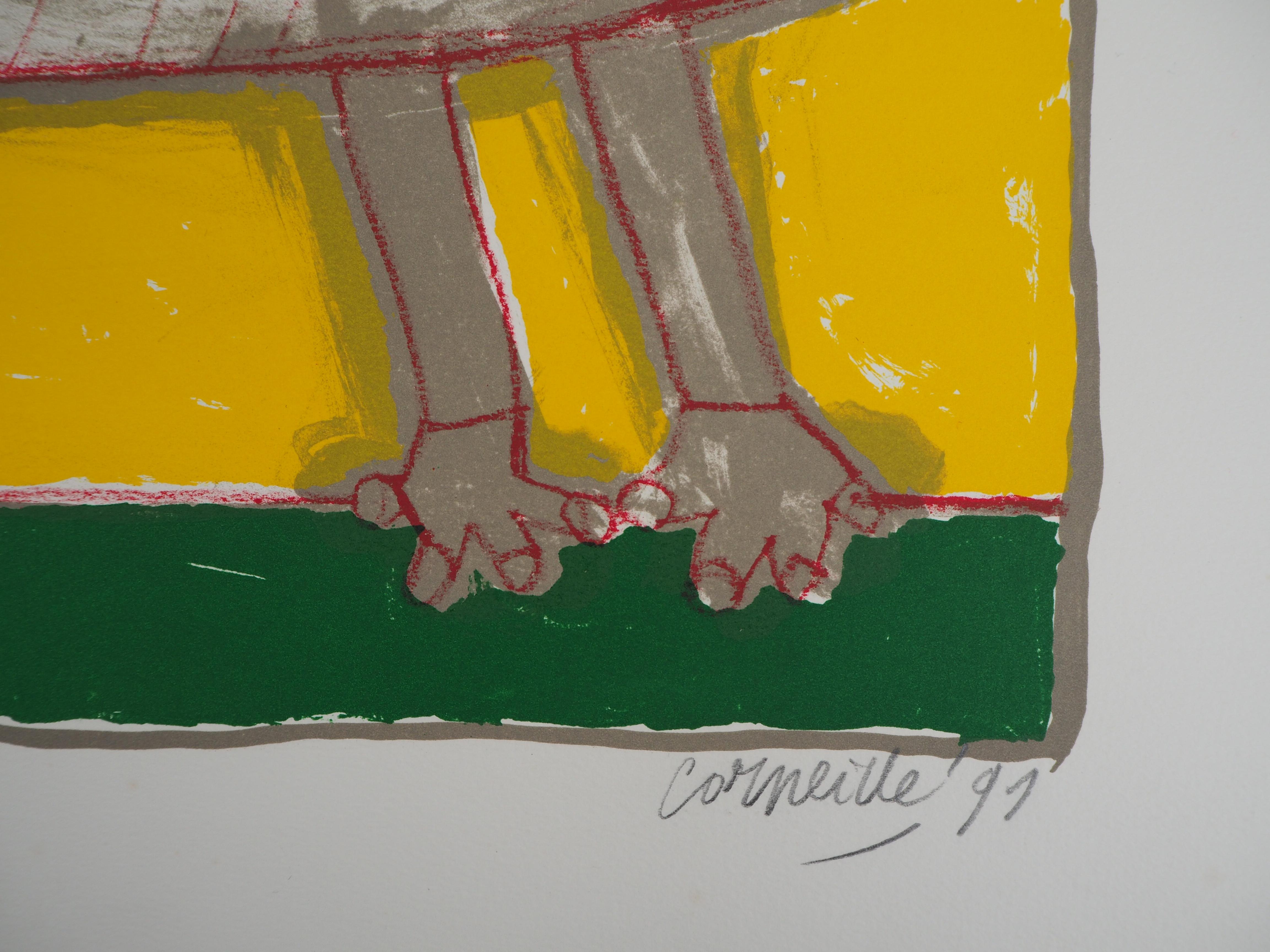 Gato y pájaro al atardecer - Litografía original firmada a mano en venta 1