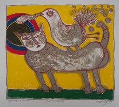 Cat and Bird at the Sunset - Original Handsigned Lithograph