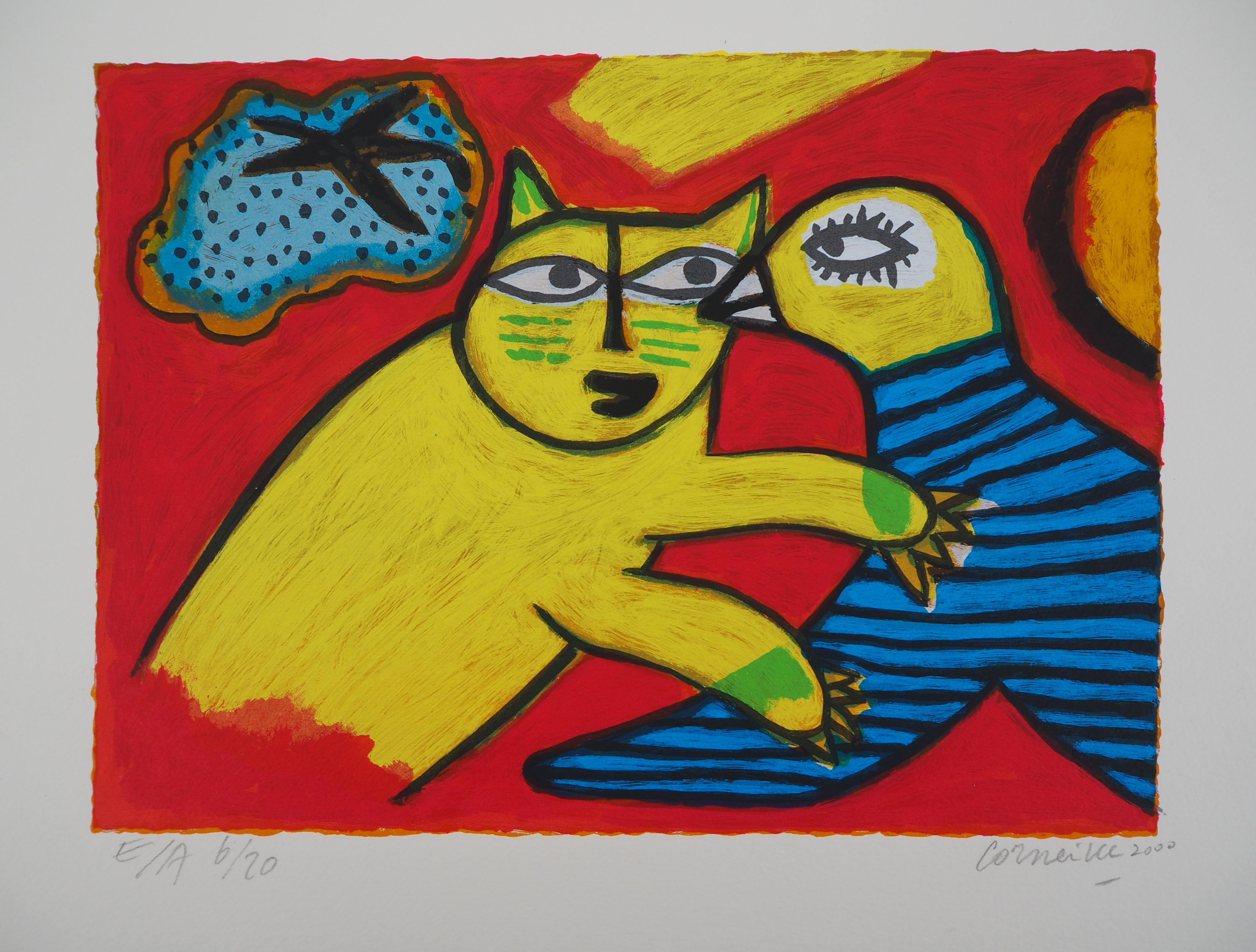 Cat and Bird in Love - Original handsigned lithograph - Surrealist Print by Corneille