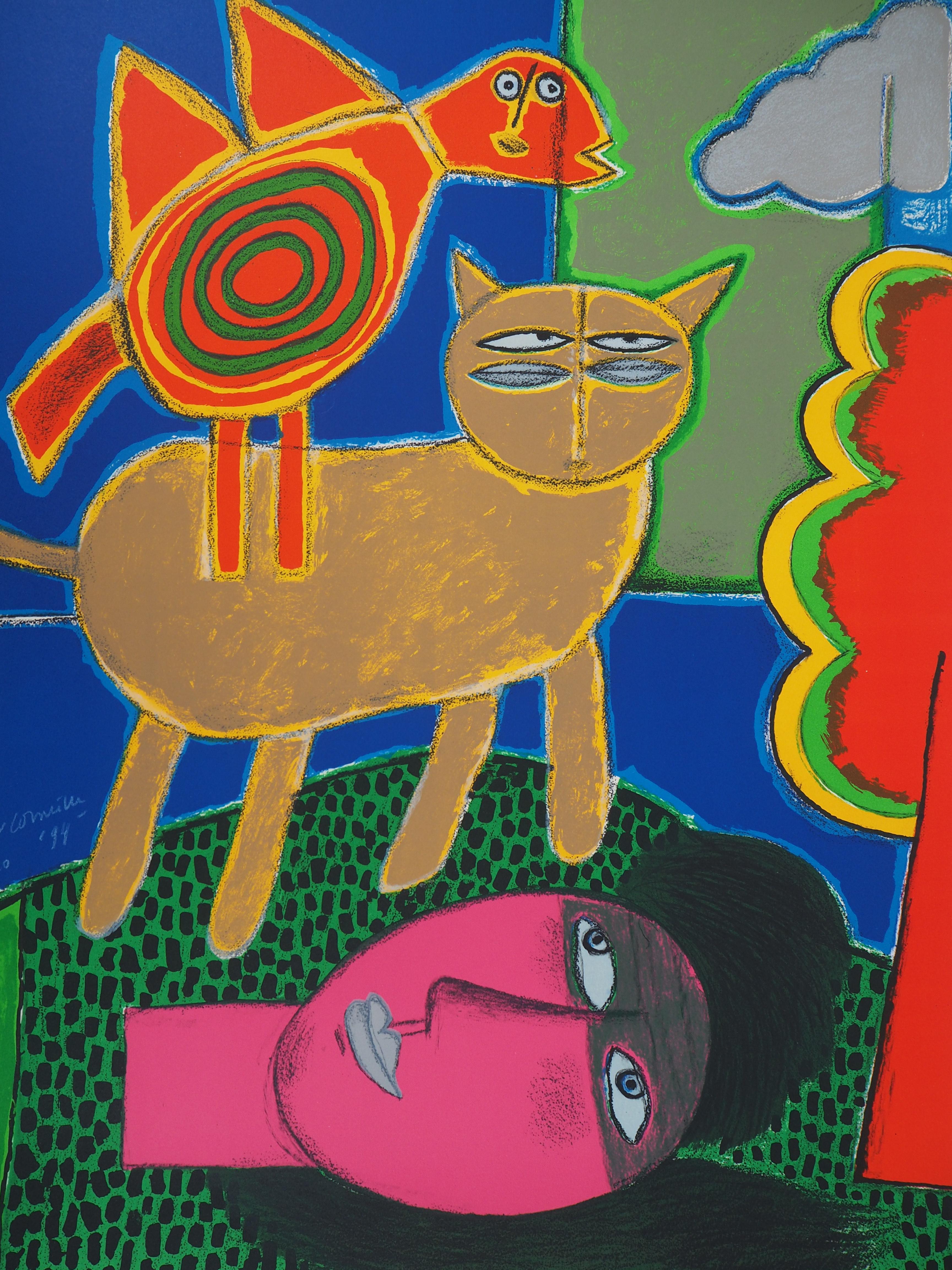Gato, Pájaro y Mujer Rosa - Litografía original firmada a mano - Print de Corneille