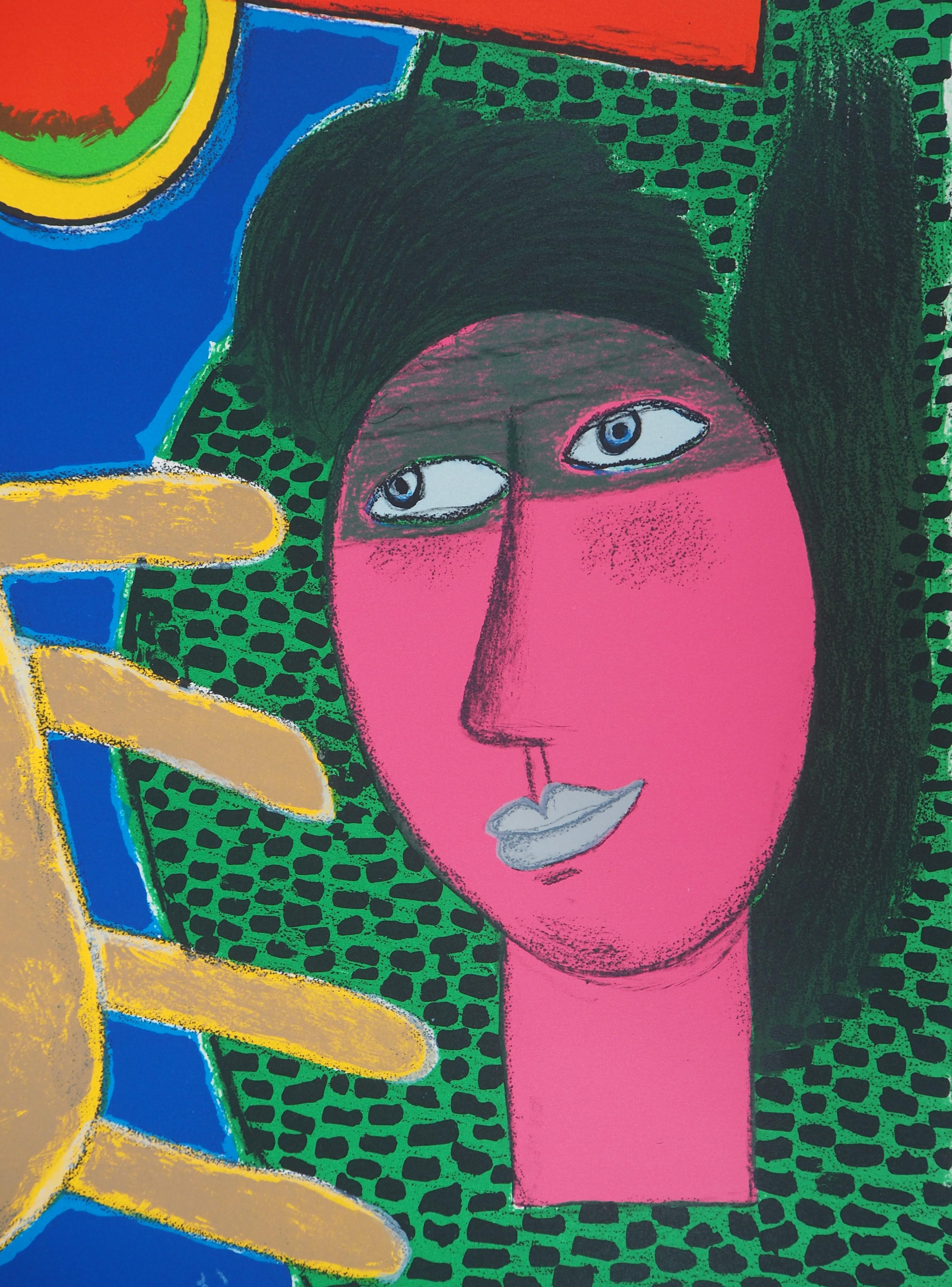 Gato, Pájaro y Mujer Rosa - Litografía original firmada a mano - Animal Print Negro de Corneille