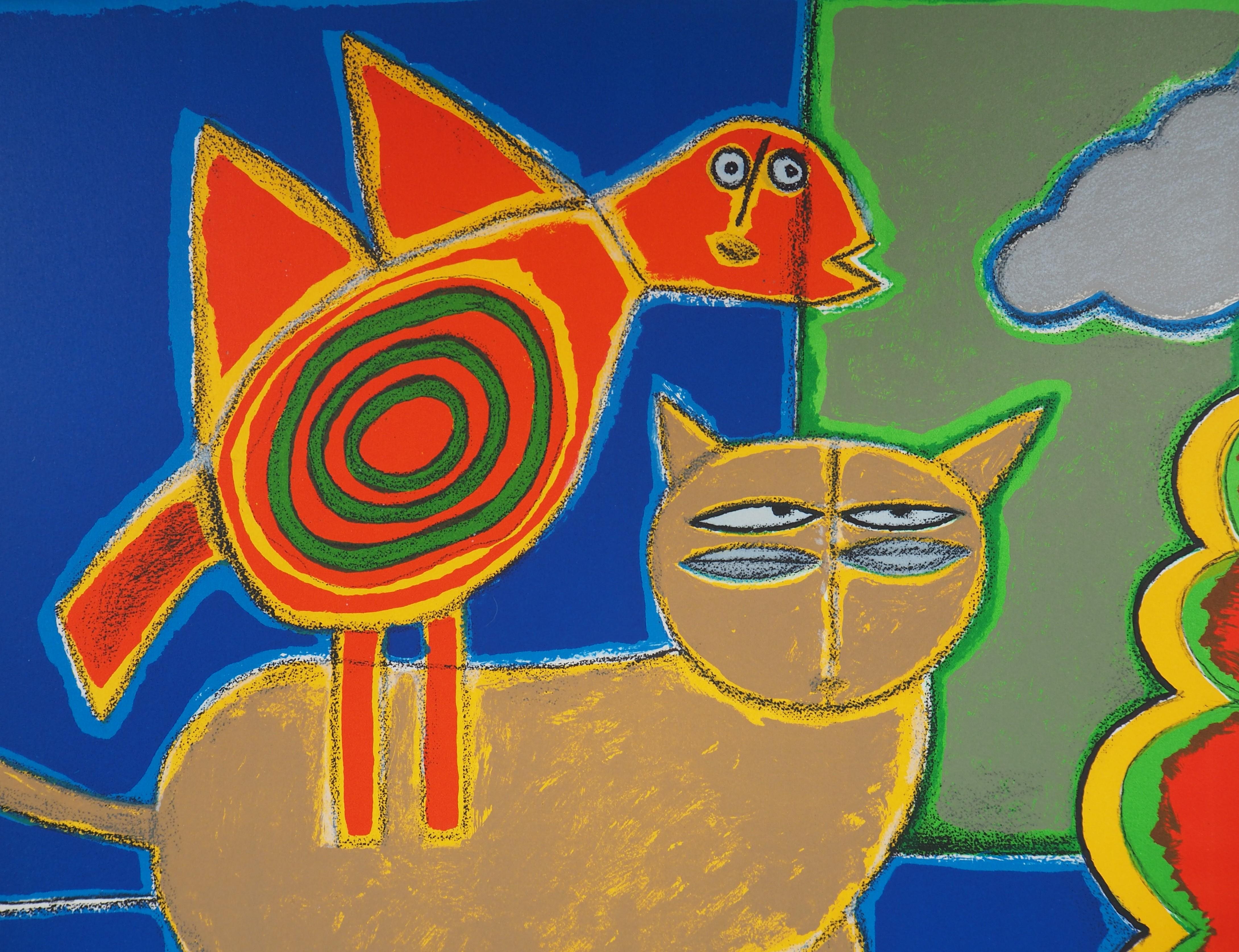 Guillaume Corneille (1922-2010)
Gato, pájaro y mujer rosa, 1994

Litografía original en color
Firmado y fechado a lápiz
Prueba de artista autentificada / 20
Sobre vitela, 66 x 50 cm (c. 26 x 20 pulg.)

Muy buen estado, pequeños defectos de