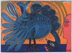 CoBra lithograph by Corneille, 1977, Tete et grand oiseau