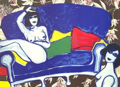 COMPLICITÉ Signed Lithograph Two Female Nudes, Blue Sofa, Brown Floral Wallpaper