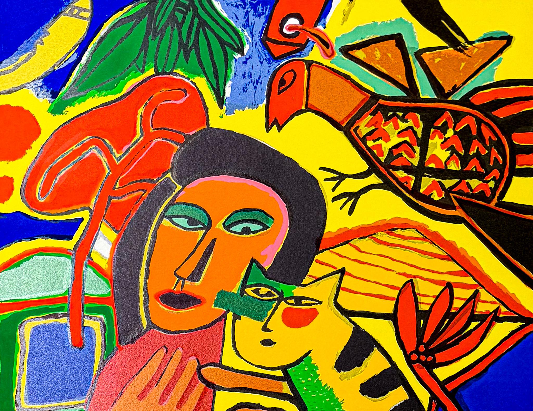 Corneille (1922-2010) - Vrouw, vogels en kat - Litografia a colori su carta - 1996