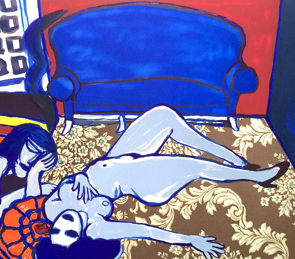 DEUX AMIES Lithographie dessinée à la main, nus féminins, canapé bleu, tapis floral, signée - Print de Corneille