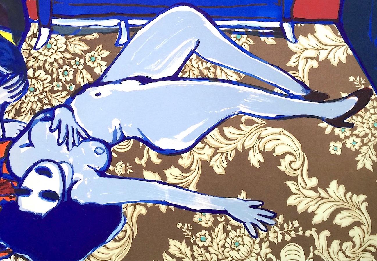 DEUX AMIES Lithographie dessinée à la main, nus féminins, canapé bleu, tapis floral, signée - Contemporain Print par Corneille