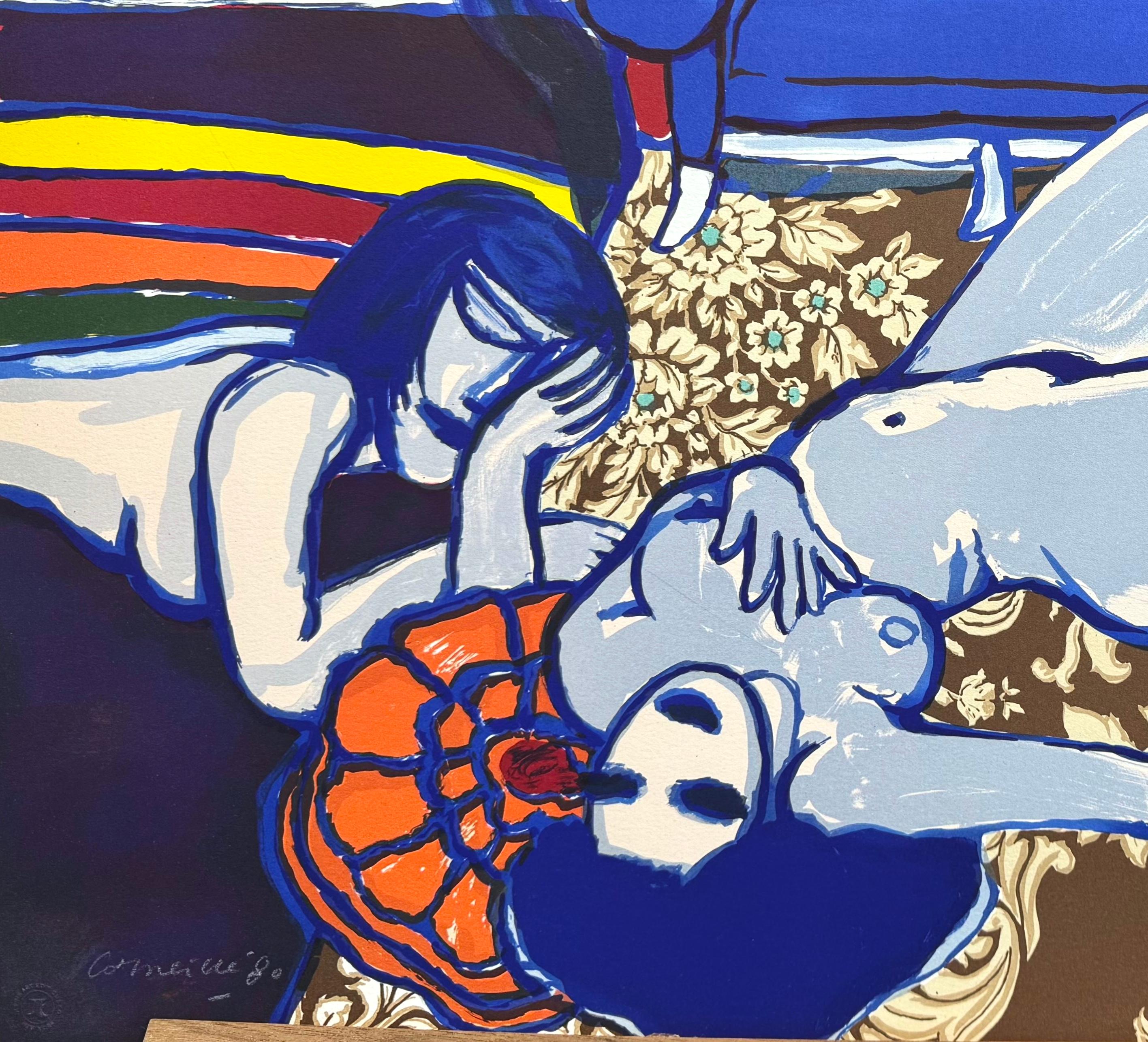 DEUX AMIES Litografía Dibujada a Mano Firmada, Desnudos Femeninos, Sofá Azul, Alfombra Floral en venta 2