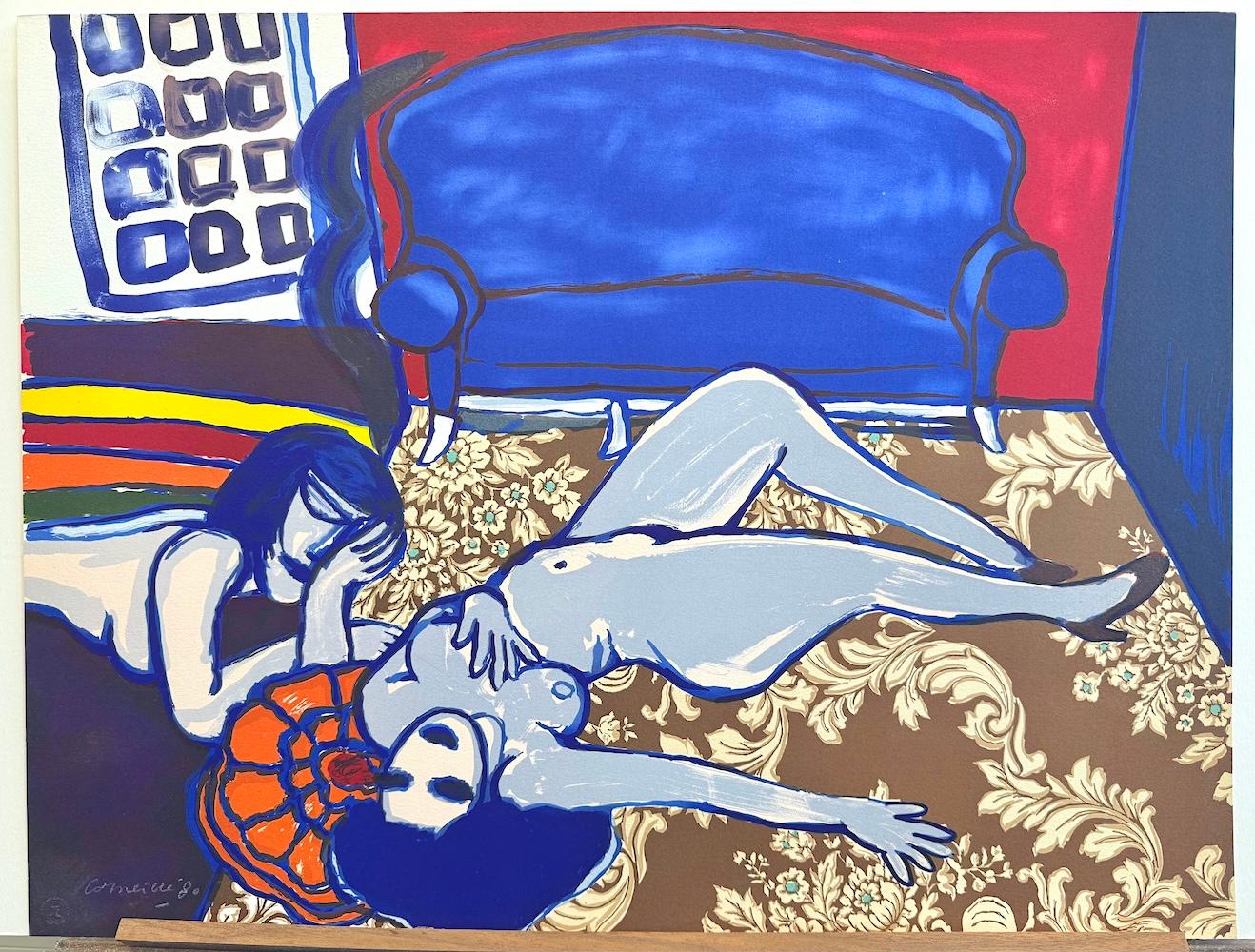 DEUX AMIES Litografía Dibujada a Mano Firmada, Desnudos Femeninos, Sofá Azul, Alfombra Floral en venta 4