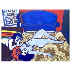 Lithographie dessinée à la main, nus féminins, canapé bleu, tapis floral signé DeUX AMIES
