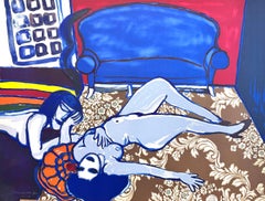 DEUX AMIES Litografia firmata e disegnata a mano, nudi femminili, divano blu, tappeto floreale