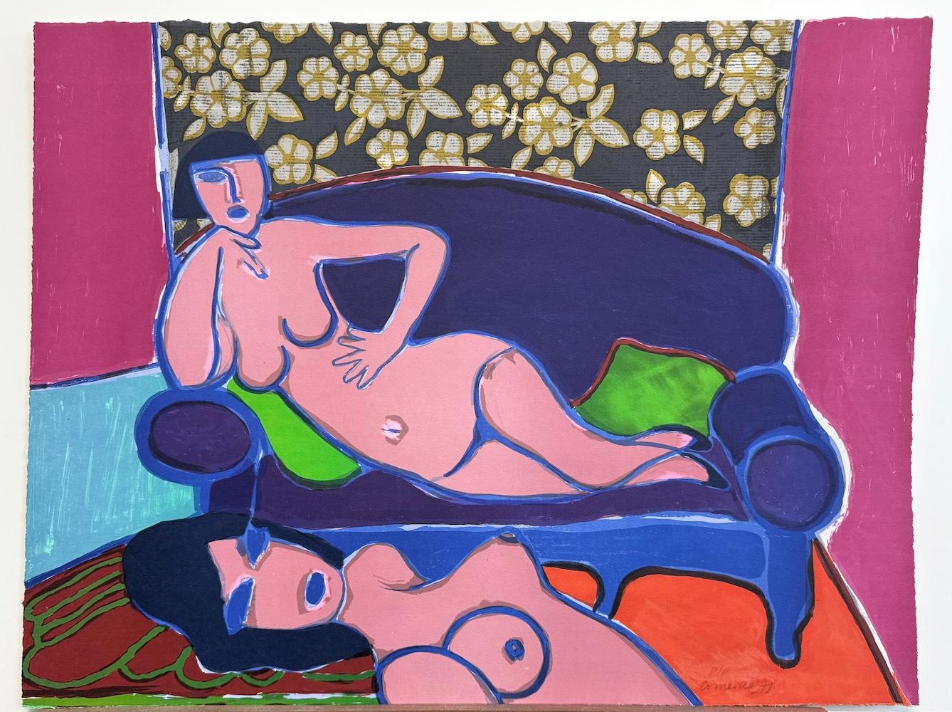 DEUX FEMMES NUES Litografia firmata, nudi femminili, divano blu, carta da parati floreale in vendita 3