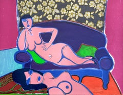 DEUX FEMMES NUES Signed Lithograph, Female Nudes, Blue Sofa, Floral Wallpaper