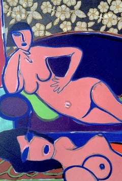 DEUX FEMMES NUES Signed Lithograph, Female Nudes, Blue Sofa, Floral Wallpaper