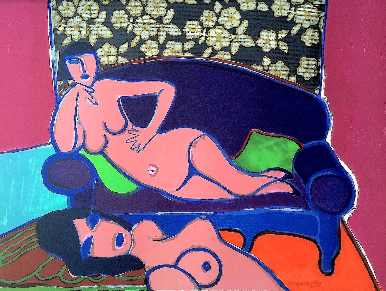 DEUX FEMMES NUES Signed Lithograph, Female Nudes, Blue Sofa, Floral Wallpaper - Contemporary Print by Corneille