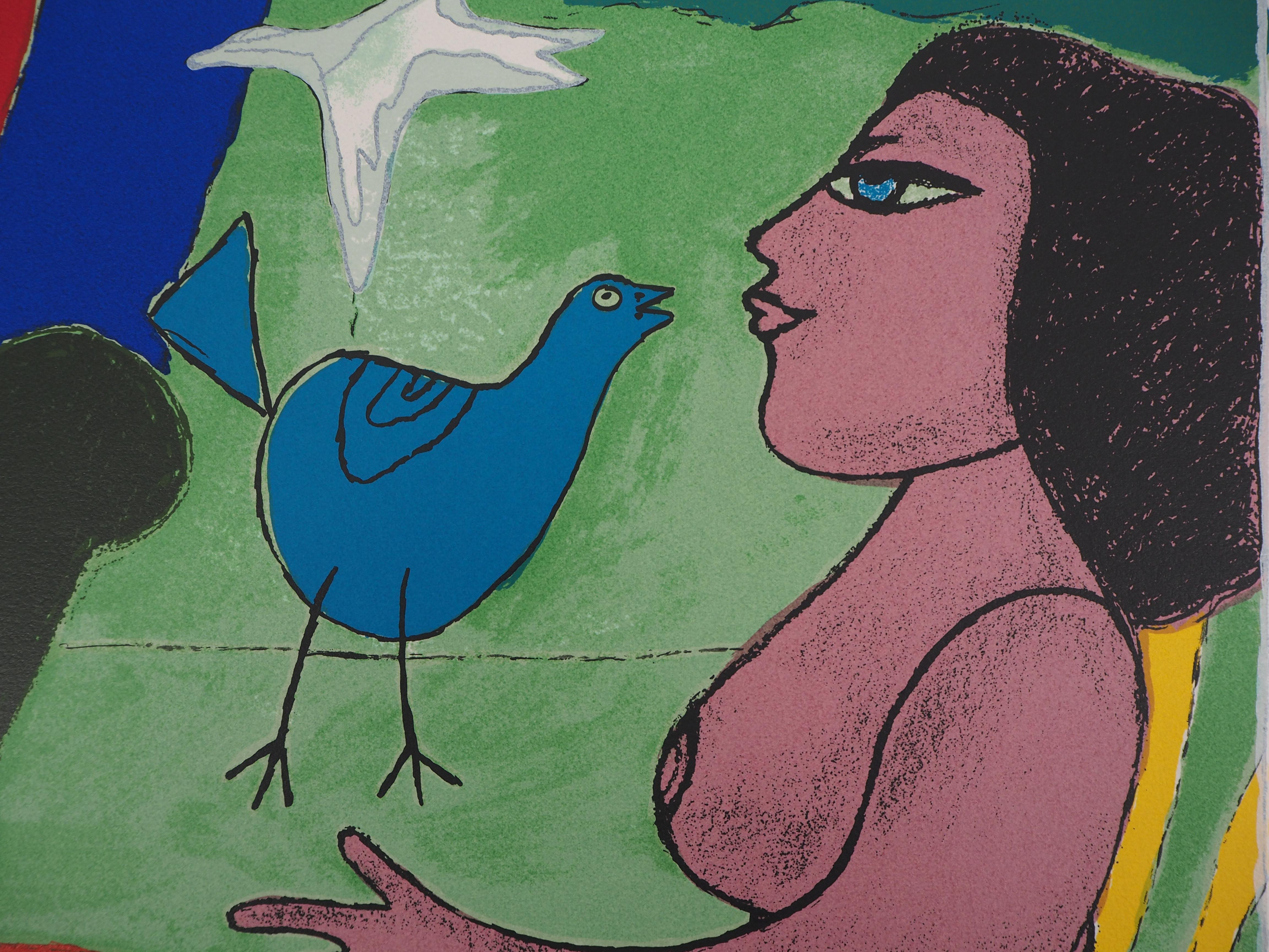 Dreaming Nude und blauer Vogel - Original handsignierte Lithographie (Grau), Nude Print, von Corneille