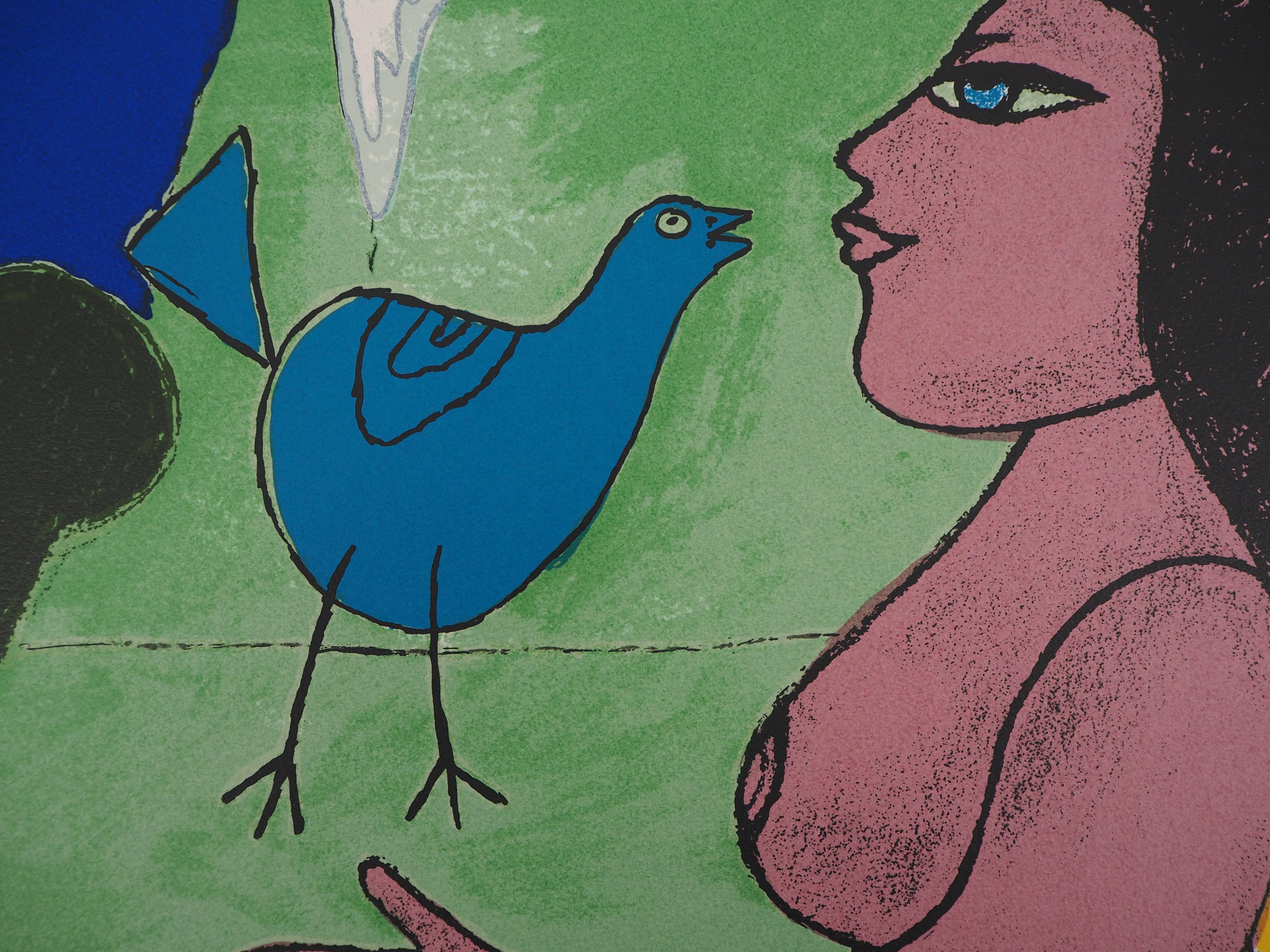 Dreaming Nude and Blue Bird - Original handsigned lithograph - Surrealist Print by Corneille