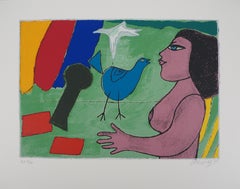 Dreaming Nude und blauer Vogel - Original handsignierte Lithographie