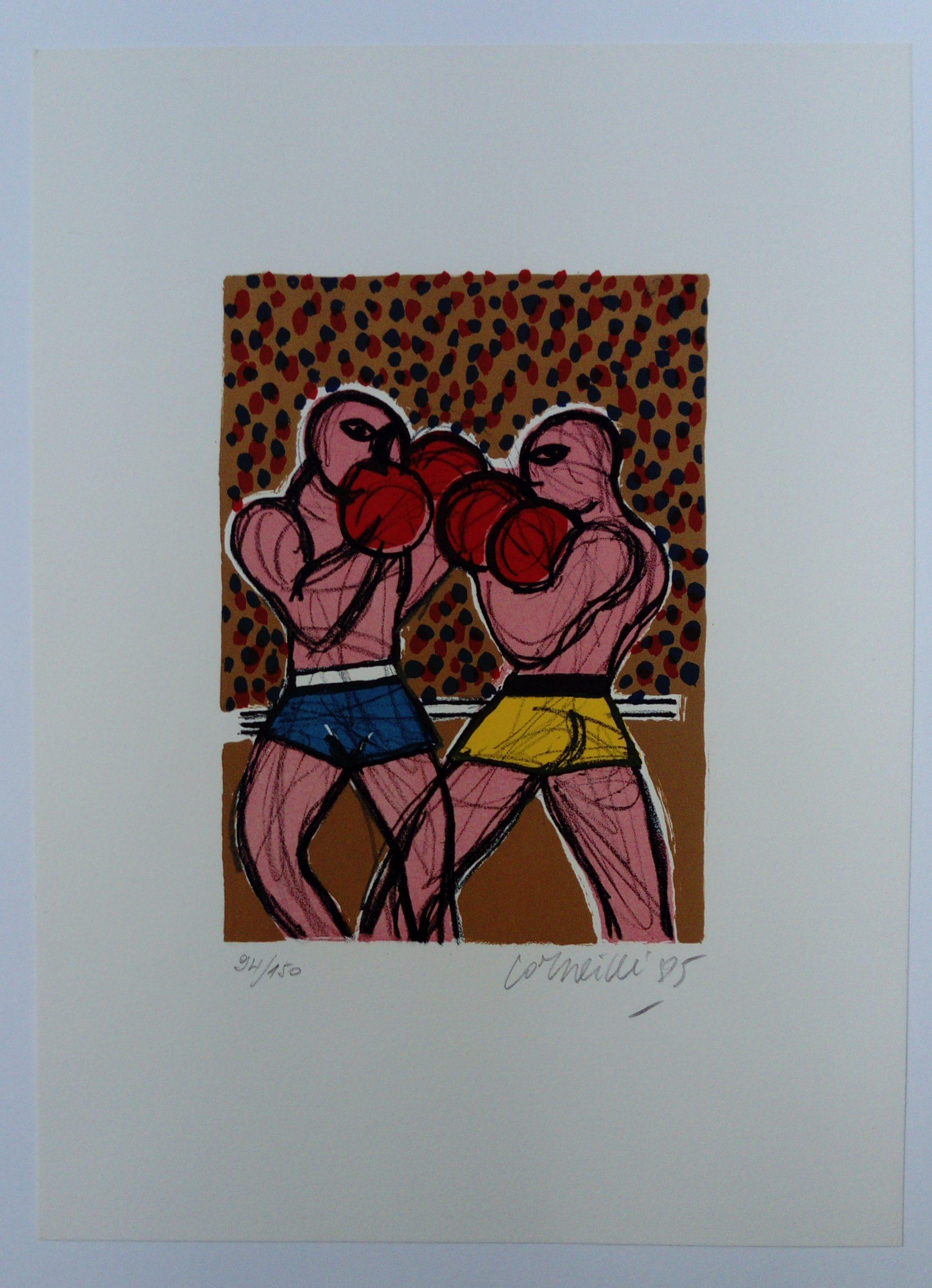 Fight on the Moon – Lithographie „Kampf am Mond“ N 3 (Braun), Figurative Print, von Corneille