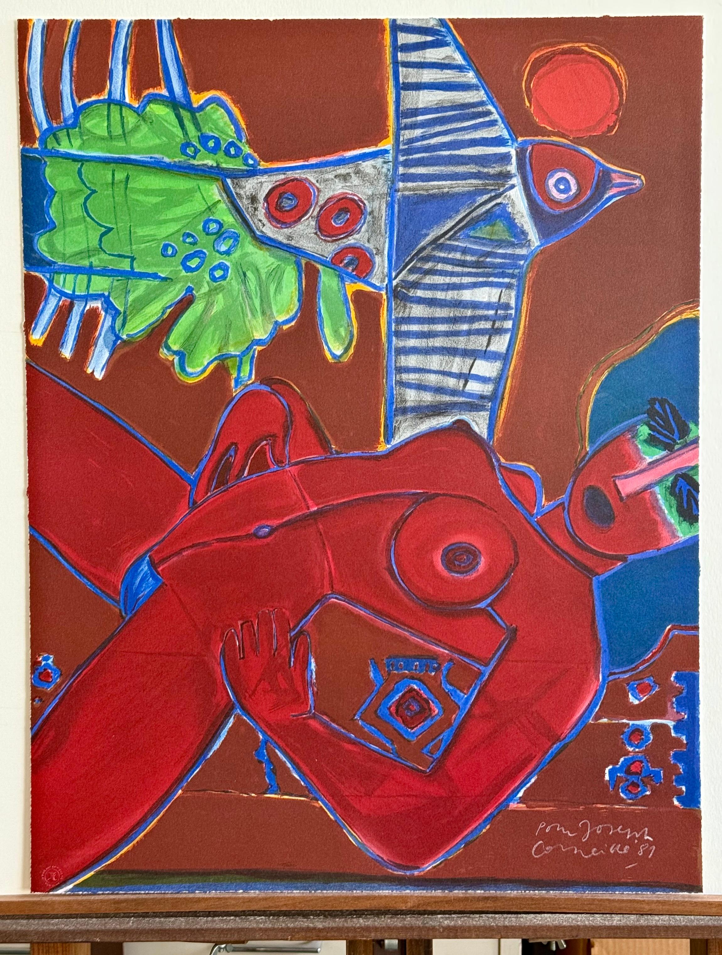 Image D'un Été (Image of Summer) Signed Lithograph, Red Female Nude, Exotic Bird For Sale 1