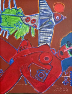 Image D'un Été (Image of Summer) Signed Lithograph, Red Female Nude, Exotic Bird