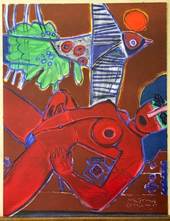 Image D'un Été (Image of Summer) Signed Lithograph, Red Female Nude, Exotic Bird