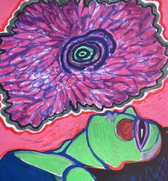 IVRESSE Signed Lithograph, Green Female Portrait Abstract Flower, Pink Dark Blue