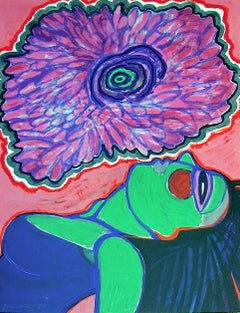 Lithographie signée IVRESSE, portrait de femme, visage de masque, rose foncé, vert, bleu