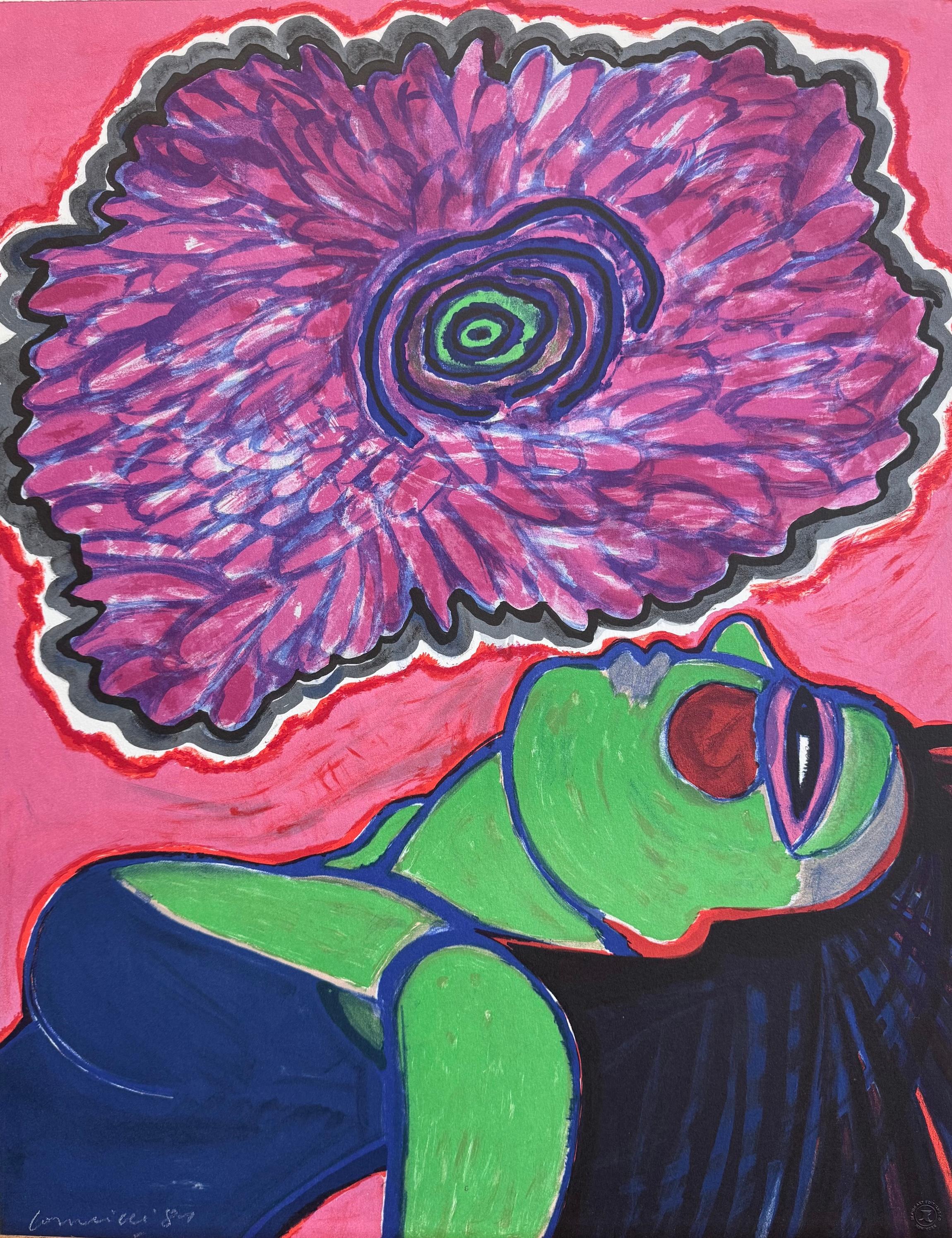 Litografia firmata IVRESSE, ritratto femminile verde, fiore astratto, rosa blu scuro