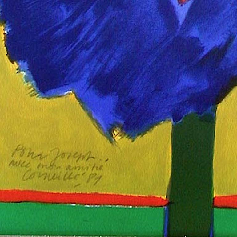 L' Arbre à L'Oiseau Lithographie signée, Abstrait Oiseau Exotique Arbres Bleus Masque Visage - Violet Figurative Print par Corneille