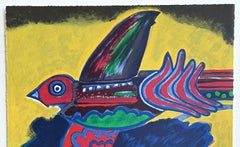 L' Arbre à L'Oiseau Signed Lithograph, Abstract Bird, Blue Trees, Mask Face