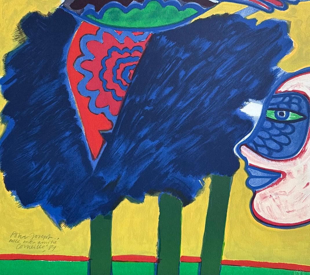 L' Arbre à L'Oiseau Litografia firmata, Uccello astratto, alberi blu, volto a maschera in vendita 2